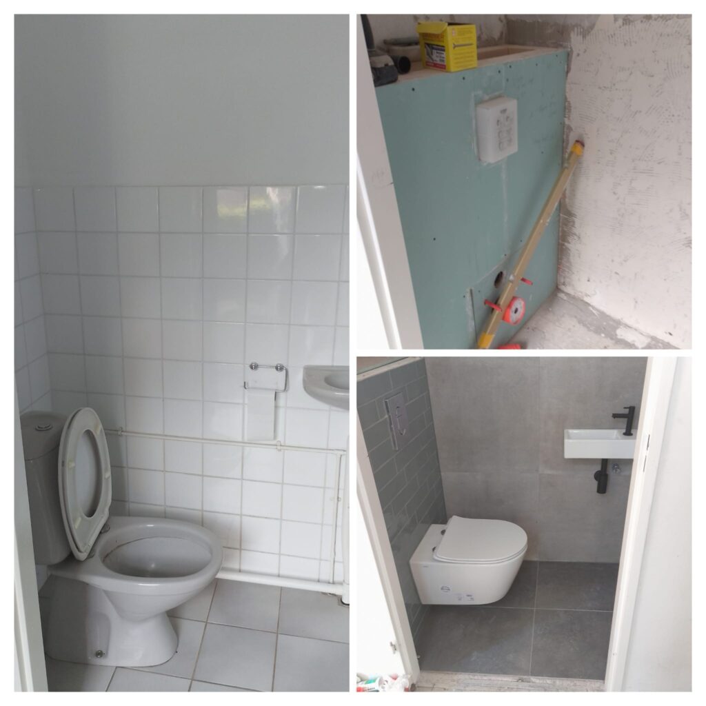 Renovatie toilet, leidingen vervangen, vloer en muur aanleggen. Enzo Bouwservice klusjesman 